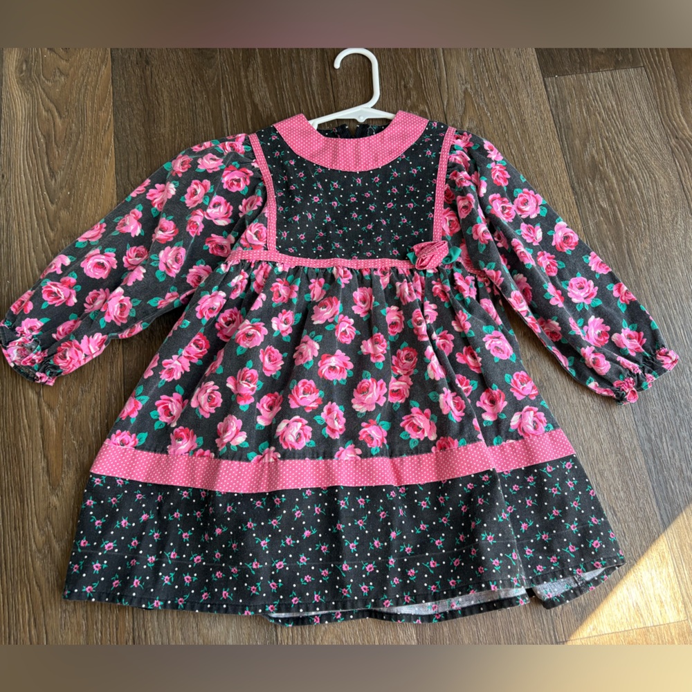 Pink Rose Print Long Sleeve Girls Dress